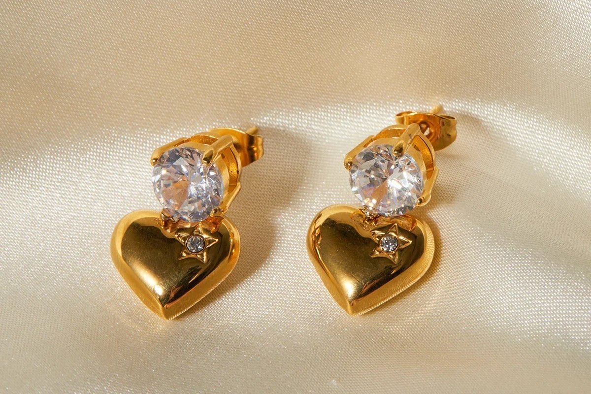 Gold Diamond Stud with Heart dangle Earrings 