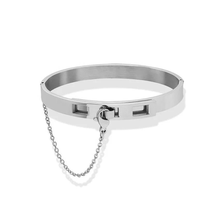 Silver plated bangle with chain lock