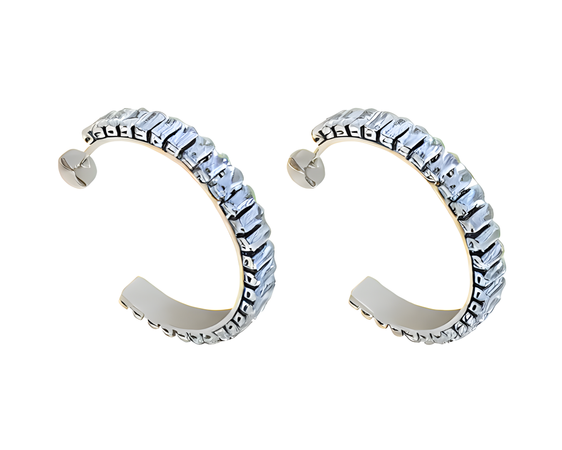 Silver Emerald diamond hoop earrings 